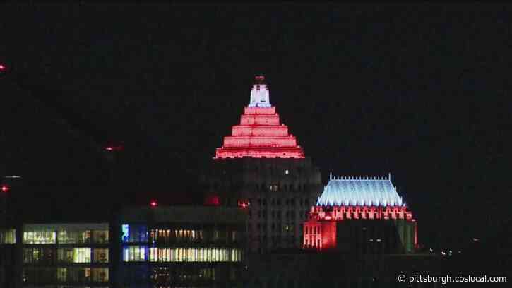 Coronavirus In Pittsburgh: City Skyline Lit Up Red And Blue In Support Of First Responders On The Frontlines