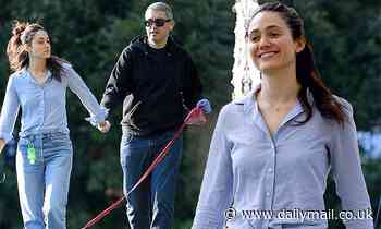 Emmy Rossum takes LA stroll with husband Sam Esmail... after Angelyne blasts their Peacock biopic