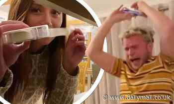 Olly Murs recoils in shock as his girlfriend Amelia Prank sellotapes his phone to his face