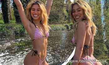 Montana Brown displays her stunning figure as she goes for a dip in a pond in pink bikini  