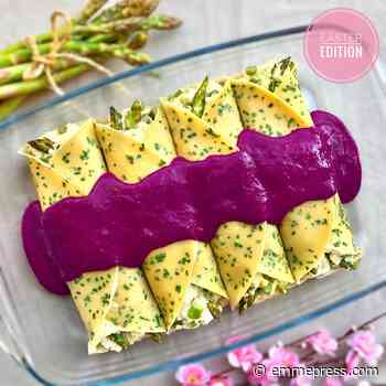 Crespelle all’erba cipollina con asparagi, ricotta affumicata e crema di patate viola | Vegan | Filippo Prime - M Social Magazine