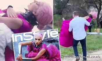 Lady Gaga is CARRIED to her photoshoot while decked out in elaborate pink gown