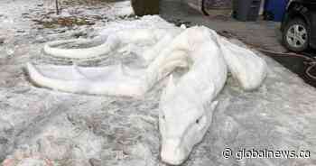 Saskatoon man, kids build dragon snow sculpture