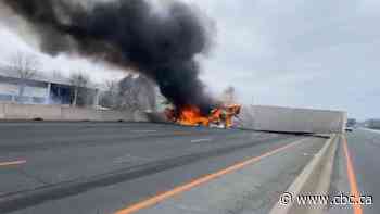 Driver hurt in transport truck fire that has closed Highway 401 in Mississauga