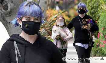 Kelly Osborne covers up with a protective face mask as she takes a stroll in with her pomeranians