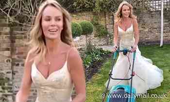 Amanda Holden mows the lawn in her WEDDING DRESS