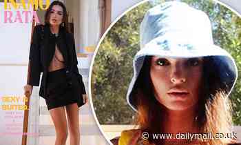 Emily Ratajkowski wears just a hat and bikini bottoms as she poses topless in her brand Inamorata