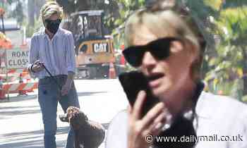 Ellen DeGeneres' wife Portia de Rossi wears a black mask as she walks her dog