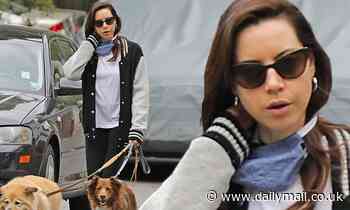Aubrey Plaza gets a breath of fresh air as she pulls down her mask while walking the dogs