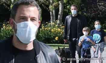 Ben Affleck joins his kids in wearing face masks while taking his dog out for a morning walk  