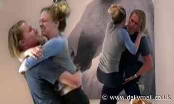 Kaley Cuoco and hubby Karl Cook look smitten as she clambers over him for 'koala challenge'