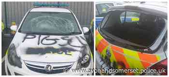 Two men arrested after police car damaged