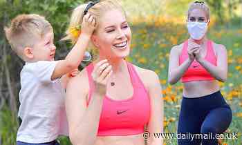 Heidi Montag dons a mask for a sunny workout while looking after son Gunner