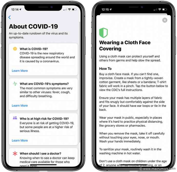Apple's COVID-19 App Gains Updated CDC Symptoms, Cloth Mask Tips