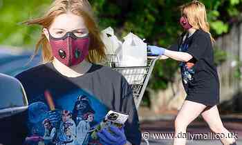 Ariel Winter models a Star Wars T-shirt as she picks up six bags of groceries