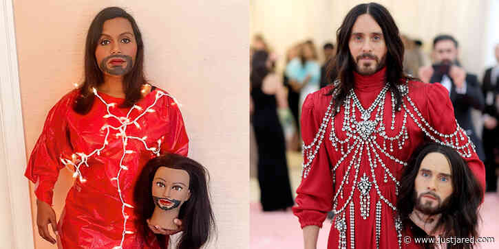 Mindy Kaling Recreates Jared Leto's Two-Headed Met Gala Look With a Tarp, Lights, & Packing Tape