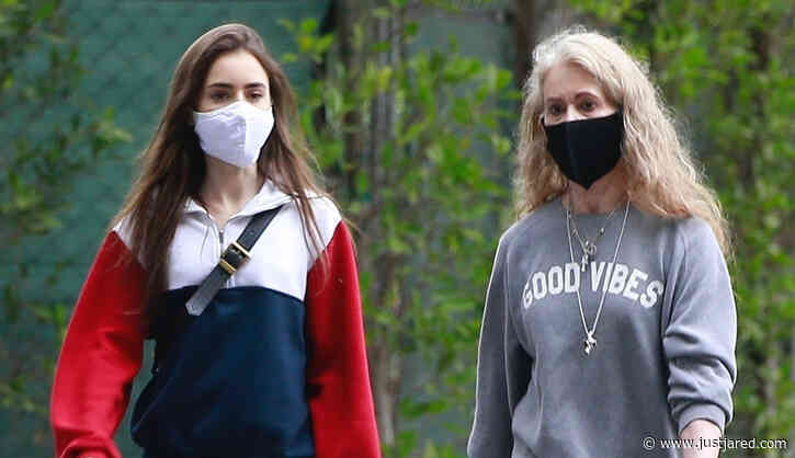 Lily Collins Goes for a Masked Stroll with Her Mom & Dog