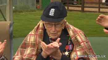 Captain Tom Moore receives England cricket cap from Michael Vaughan