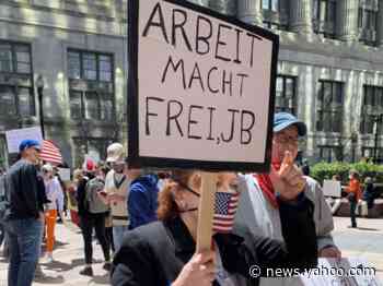 Illinois anti-lockdown protester waves Nazi slogan from Auschwitz concentration camp