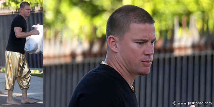Channing Tatum Wears Gold Harem Pants While Taking Trash Out at Jessie J's House