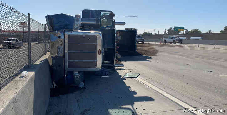 Big rig carrying gravel overturns in Corona; westbound 91 mostly closed