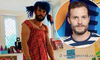 Jamie Dornan is unrecognisable as he squeezes into a red midi dress
