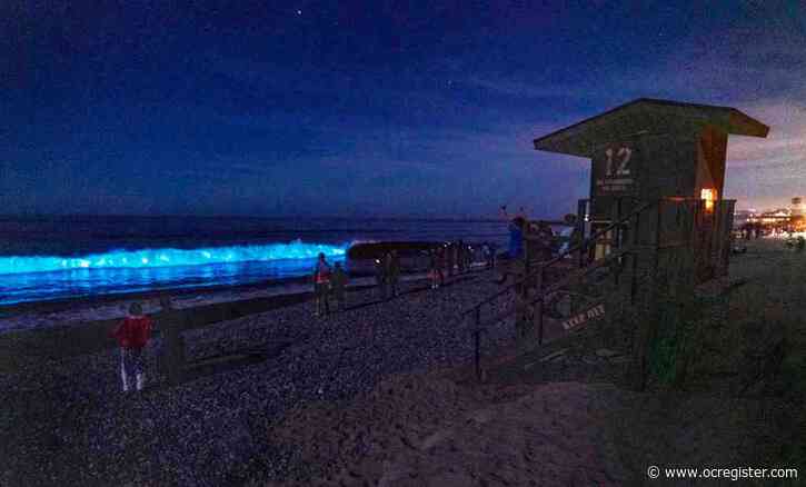 Neon bioluminescent waves fading after making the ocean glow off Southern California coast