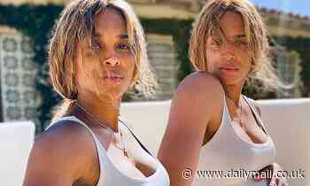 Ciara goes makeup-free as she models a plunging tank top to show off her baby bump