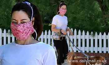 Aubrey Plaza looks sporty as she takes her dogs for a brisk walk around the neighborhood 