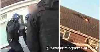 Moment topless man hurls £27k safe from window during police raid