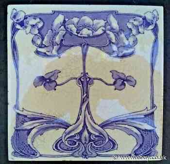Antique Victorian Art Nouveau Purple Lily 6" Tile, Wall Fireplace Washstand.