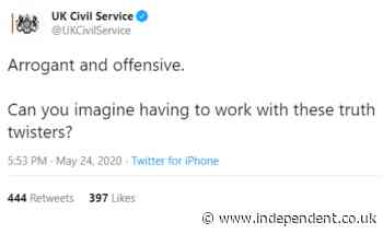 &apos;Arrogant and offensive&apos;: Civil service&apos;s official Twitter account reacts to Boris Johnson&apos;s vocal defence of Dominic Cummings