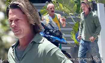 Brad Pitt chats up pal Flea in Malibu while looking at a $20K motorcycle