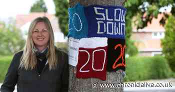 Knitted warning signs at Newcastle speeding blackspot