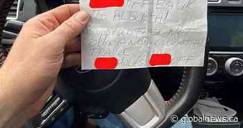 Nasty notes left for drivers with Alberta licence in B.C. as COVID-19 continues