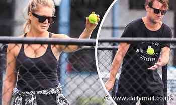 Natalie Bassingthwaighte and her husband play tennis in Byron Bay