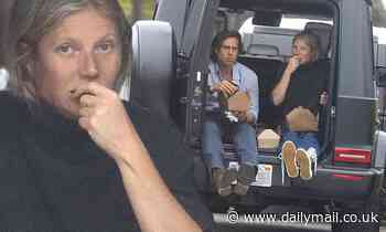 Gwyneth Paltrow and Brad Falchuk enjoy alfresco takeout meal as they sit in open back of SUV