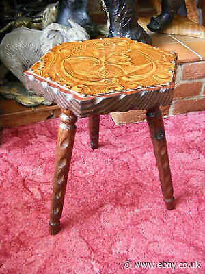 Vintage Leather Top French Rustic Style Carved Three Legged Milking Stool