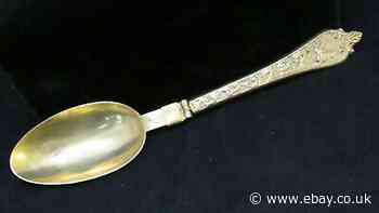 18th Century German Folding Brass Gilded Travel Spoon w/ Hunt Scene