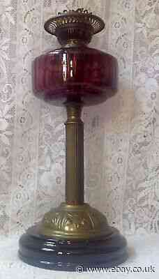 Victorian Corinthian Style Oil Lamp With Rare Amethyst Glass Bowl, Original