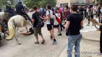 A Houston police officer on a horse tramples a protester during a march for George Floyd