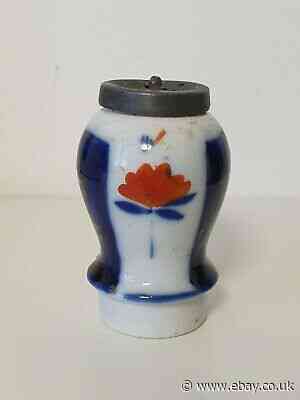 Antique Foreign Salt Shaker Hand Painted Floral Poppy With Pewter Metal Shaker T