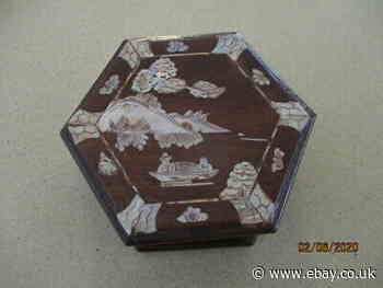 Antique Hexagonal Lidded Chinese  Trinket Box  - Wood with Mother of Pearl Inlay