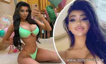 Chloe Khan struggles to contain her ample cleavage in a tiny lime green bikini 