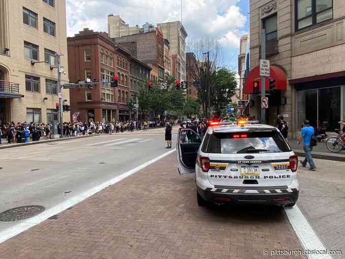 Protesters Gather In Downtown Pittsburgh For Protest As George Floyd’s Memorial Service Gets Underway In Minneapolis
