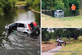 Car ends up half-submerged in Southmere Lake, Thamesmead
