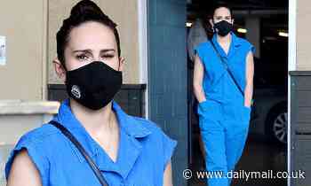 Rumer Willis rocks a blue jumpsuit and face mask during a run to the market