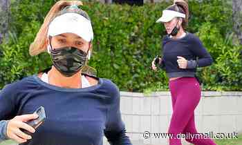 Teddi Mellencamp shows off her toned figure in pink athletic leggings while out for a jog