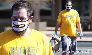 Adam Sandler picks up takeout but stays protected in a mask and gloves