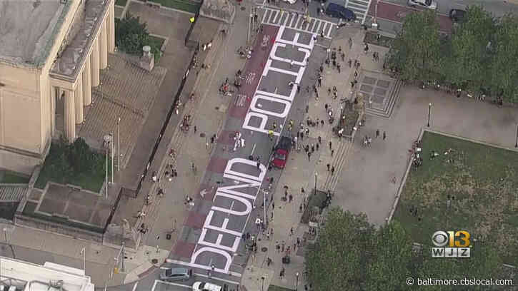 Protesters March In Downtown Baltimore; Paint ‘Defund The Police’ On Gay Street Outside City Hall